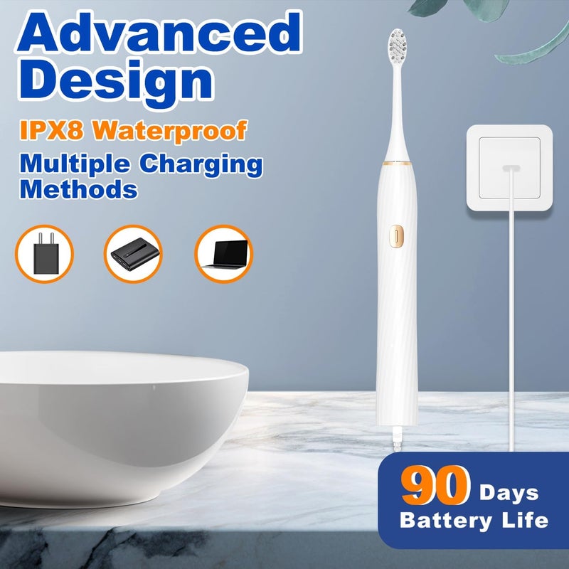 FXQQZZ Electric Toothbrush for Adults and Kids, with Tongue Scraper and Travel Case, 8 Brush Head, Smart Timer & 4 Modes Rechargeable Toothbrush, 42000 VPM Deep Clean, One Charge Last 90 Days - White - Image 4